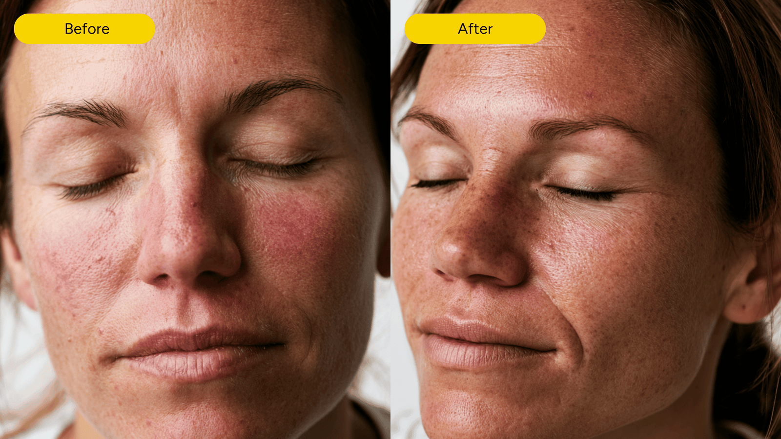 Before and after comparison showing reduced facial redness after consistent use of Exosthetics products
