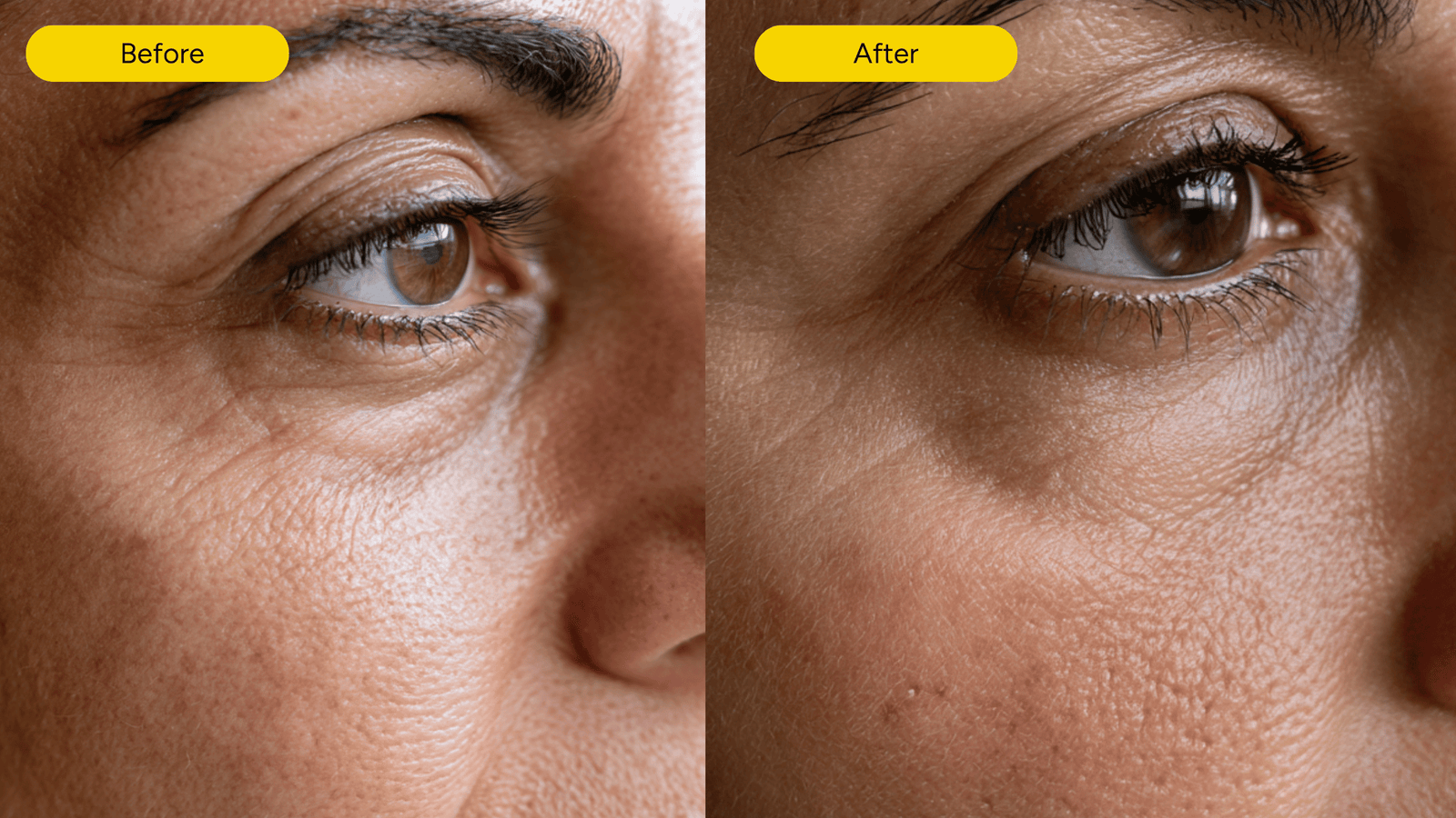 A close-up before-and-after comparison of a person's eye area, showing skin texture and wrinkles. The left side is labeled 'Before' and appears wrinkled, while the right side is labeled 'After' and appears smoother.